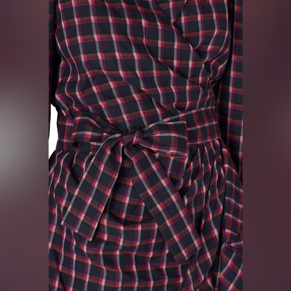 Tanya Taylor Lexi Wrap Dress in Pink Navy Plaid Long Sleeve 8 - Picture 6 of 16